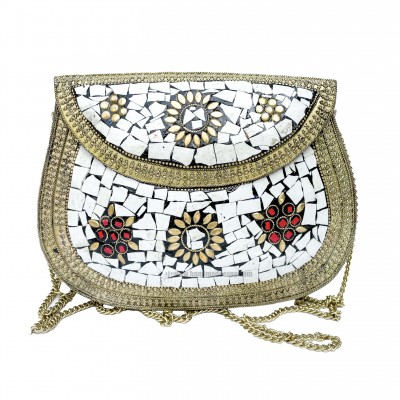 Nepali Handmade Large Size Ladies Bag With [stone Setting], [metal], [golden And White Color]