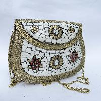 Nepali Handmade Large Size Ladies Bag With [stone Setting], [metal], [golden And White Color]