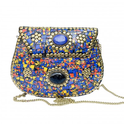 Nepali Handmade Large Size Ladies Bag With [stone Setting], [metal], [multi Color]