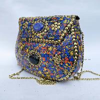 Nepali Handmade Large Size Ladies Bag With [stone Setting], [metal], [multi Color]