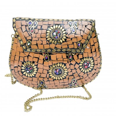 Nepali Handmade Large Size Ladies Bag With [stone Setting], [metal], [orange Color]
