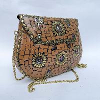 Nepali Handmade Large Size Ladies Bag With [stone Setting], [metal], [orange Color]