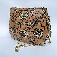 Nepali Handmade Large Size Ladies Bag With [stone Setting], [metal], [orange Color]