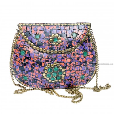 Nepali Handmade Large Size Ladies Bag With [stone Setting], [metal], [multi Color]