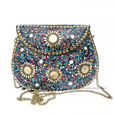 Nepali Handmade Large Size Ladies Bag With [stone Setting], [metal], [multi Color]
