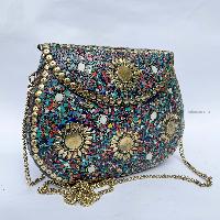 Nepali Handmade Large Size Ladies Bag With [stone Setting], [metal], [multi Color]