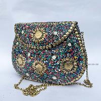 Nepali Handmade Large Size Ladies Bag With [stone Setting], [metal], [multi Color]