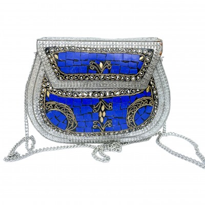 Nepali Handmade Large Size Ladies Bag With [stone Setting], [metal], [blue And Silver Color]