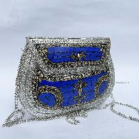 Nepali Handmade Large Size Ladies Bag With [stone Setting], [metal], [blue And Silver Color]