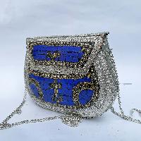 Nepali Handmade Large Size Ladies Bag With [stone Setting], [metal], [blue And Silver Color]