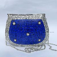 Nepali Handmade Large Size Ladies Bag With [stone Setting], [metal], [blue And Silver Color]