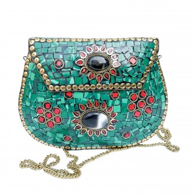 Nepali Handmade Large Size Ladies Bag With [stone Setting], [metal], [green And Red Color]