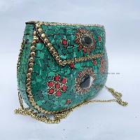 Nepali Handmade Large Size Ladies Bag With [stone Setting], [metal], [green And Red Color]