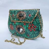 Nepali Handmade Large Size Ladies Bag With [stone Setting], [metal], [green And Red Color]