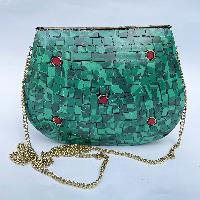 Nepali Handmade Large Size Ladies Bag With [stone Setting], [metal], [green And Red Color]