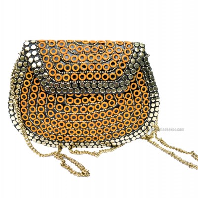 Nepali Handmade Medium Size Ladies Bag With [stone Setting], [metal], [orange Color]
