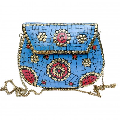 Nepali Handmade Big Ladies Bag With [stone Setting], [metal], [blue And Red Color]
