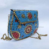 Nepali Handmade Big Ladies Bag With [stone Setting], [metal], [blue And Red Color]