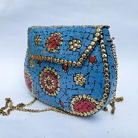 Nepali Handmade Big Ladies Bag With [stone Setting], [metal], [blue And Red Color]
