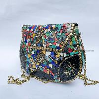 Nepali Handmade Big Ladies Bag With [stone Setting], [metal], [multi Color]