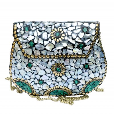 Nepali Handmade Big Ladies Bag With [stone Setting], [metal], [green And Silver Color]