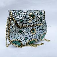 Nepali Handmade Big Ladies Bag With [stone Setting], [metal], [green And Silver Color]