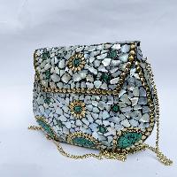 Nepali Handmade Big Ladies Bag With [stone Setting], [metal], [green And Silver Color]