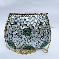 Nepali Handmade Big Ladies Bag With [stone Setting], [metal], [green And Silver Color]
