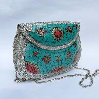 Nepali Handmade Big Ladies Bag With [stone Setting], [metal], [blue And Red Color]