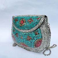 Nepali Handmade Big Ladies Bag With [stone Setting], [metal], [blue And Red Color]