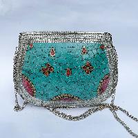 Nepali Handmade Big Ladies Bag With [stone Setting], [metal], [blue And Red Color]