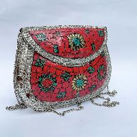 Nepali Handmade Big Ladies Bag With [stone Setting], [metal], [red And Green]
