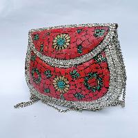 Nepali Handmade Big Ladies Bag With [stone Setting], [metal], [red And Green]