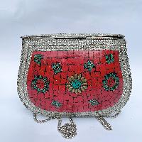Nepali Handmade Big Ladies Bag With [stone Setting], [metal], [red And Green]