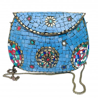 Nepali Handmade Big Ladies Bag With [stone Setting], [metal], [blue Color]