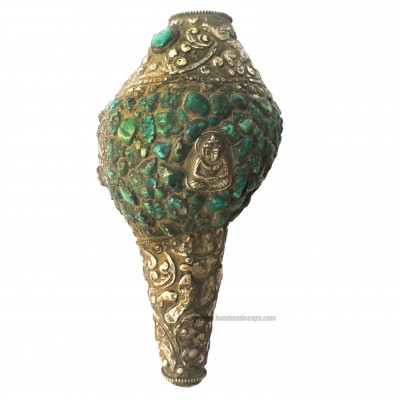 Conch Shell With Om Mani Padme Hum, And Stone Setting, [green And White Color]