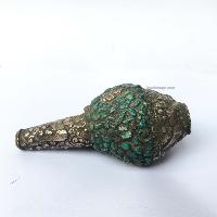 Conch Shell With Om Mani Padme Hum, And Stone Setting, [green And White Color]