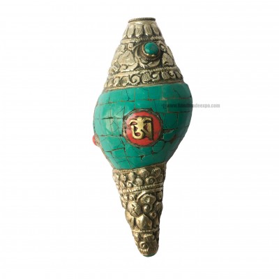 Conch Shell With Om Mani Padme Hum, And Stone Setting, [green And White Color]