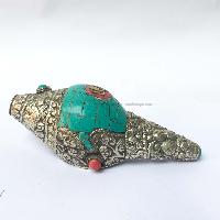 Conch Shell With Om Mani Padme Hum, And Stone Setting, [green And White Color]