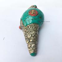 Conch Shell With Om Mani Padme Hum, And Stone Setting, [green And White Color]