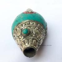 Conch Shell With Om Mani Padme Hum, And Stone Setting, [green And White Color]