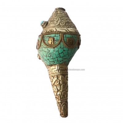 Conch Shell With Om Mani Padme Hum, And Stone Setting, [green And White Color]
