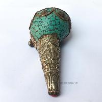Conch Shell With Om Mani Padme Hum, And Stone Setting, [green And White Color]