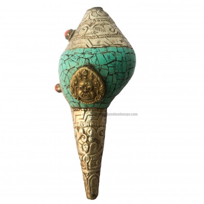 Conch Shell With Om Mani Padme Hum, And Stone Setting, [green And White Color]