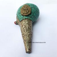 Conch Shell With Om Mani Padme Hum, And Stone Setting, [green And White Color]