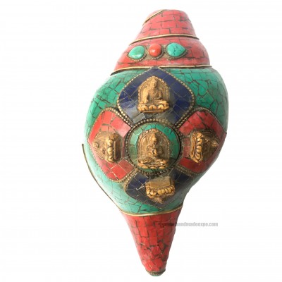 Conch Shell With Om Mani Padme Hum, And Stone Setting, [blue, Red And Green Color]
