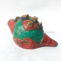 Conch Shell With Om Mani Padme Hum, And Stone Setting, [blue, Red And Green Color]