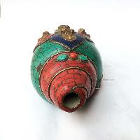 Conch Shell With Om Mani Padme Hum, And Stone Setting, [blue, Red And Green Color]