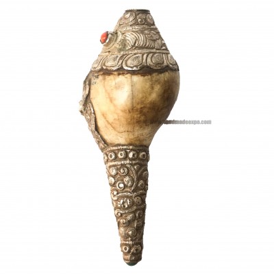 Conch Shell With Om Mani Padme Hum, And Stone Setting, [white And Silver Color]