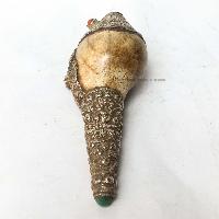 Conch Shell With Om Mani Padme Hum, And Stone Setting, [white And Silver Color]